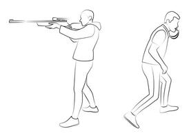 Sniper with rifle, referee with whistle, silhouette sketch vector