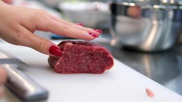 consistency of soft raw meat a piece of beef sliced piece of fresh raw beef during salting, preparation of semi-finished products with beef meat with salt video