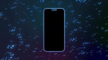 A sleek, black smartphone outlined in neon blue, centered on a dark background. Surrounding the phone are various blue icons, including battery, signal, Wi-Fi, and camera symbols video