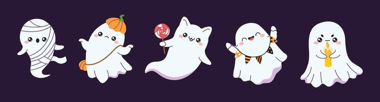 Clever apparitions Halloween party level color characters set. Spooky charming apparitions at occasion party outline pack on purple foundation vector