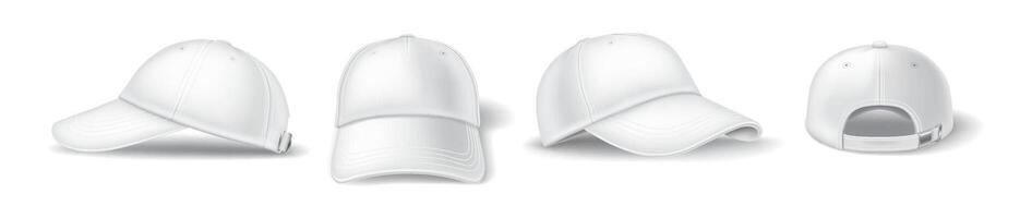 Symbol baseball cap different viewpoints reasonable outline set. Cap clothing adornments with mockup 3d models on white foundation vector