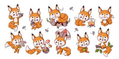 Cute little squirrels having fun flat color illustration set. Kawaii wild rodent in various situations icons on white collection vector