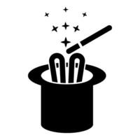 Hare ears in wizard's hat magic wand wizard conjure cylinder bunny rabbit appearing trick concept icon black color illustration image flat style vector