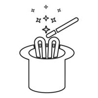 Hare ears in wizard's hat magic wand wizard conjure cylinder bunny rabbit appearing trick concept contour outline line icon black color illustration image thin flat style vector
