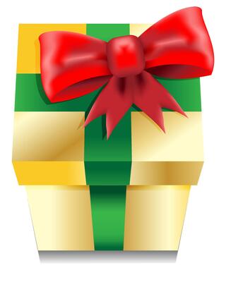 Christmas Present in gold wrapping and a red decorative bow with green ribbon, Xmas box