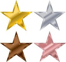 Set of Metallic coloured stars in Gold, Silver, Bronze and Rose Gold with gradient fills vector