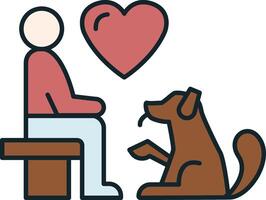 Man sitting on bench petting dog with heart showing love and improving mental health vector