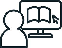 Line art icon of a person reading an ebook on a computer vector