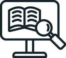 Magnifying glass exploring online book on computer screen for e-learning concept vector