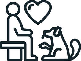 Man sitting on bench petting dog with love heart symbol minimal line art icon vector