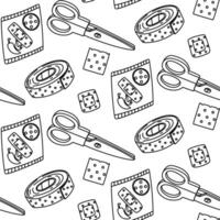 The pattern of contour patches is a roll, a piece, a pack of adhesive tape, scissors. Elements with a breathable surface. Seamless texture to cover scratches. A strip of fabric is cut with scissors vector
