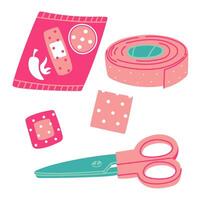 Set of colored flat patches, a roll, piece, a pack of adhesive tape, scissors. Pink, blue elements with a breathable surface. insulating strip to cover scratches. Strip of fabric is cut with scissors vector