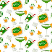 pattern of Margarita, Mojito, tequila cocktails in a glass. Stack is a slice of lemon, lime, hand-drawn, with ice cubes on white. Seamless texture is a vivid. Mexican refreshing green, yellow drink vector