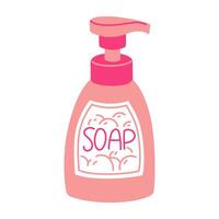flat bottle with a liquid soap dispenser. illustrations depict soap in a plastic jar. Cleansing against bacteria, germs. Skin care. Pink bottle with washing liquid. Foam pattern on the bottle vector