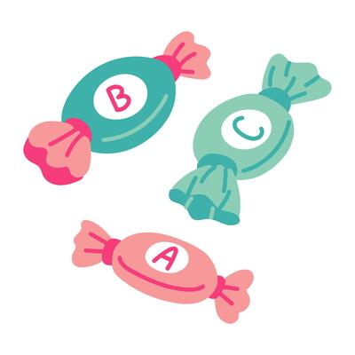 set of vitamin candy candies in a package. Sucking candies with various vitamin flavors A,B,C, a set of flat illustrations in a group. A collection of sweets to relieve illness, colds, viruses