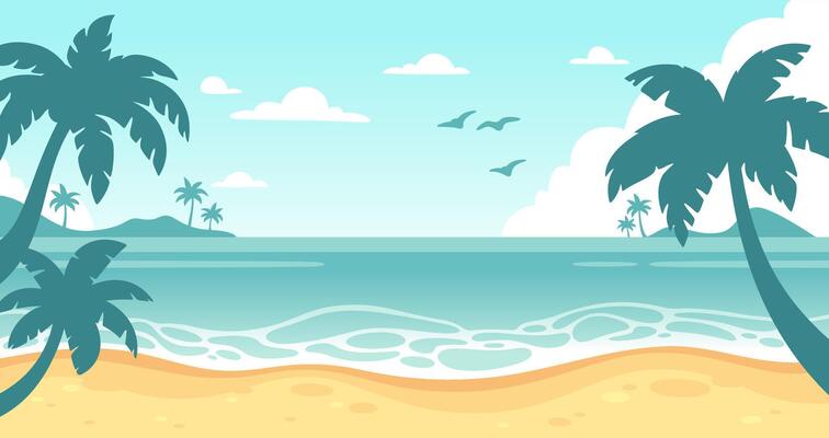 Abstract summer beach with palms. Paradise sunrise with sand beach, blue sky and clouds. Tropical nature background for poster, card design. Sunlight and ocean waves. concept