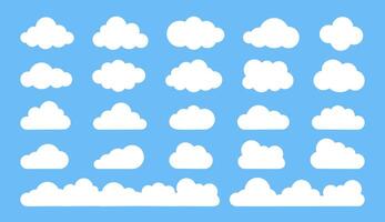 Flat cloud. Simple cloudy shapes. Cartoon white puffy, fluffy and cumulus clouds in blue sky. Abstract comic weather elements. Objects cloudscape for game. collection vector
