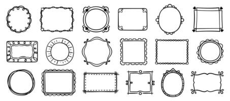 Hand drawn frames. Doodle black simple picture border and label. Sketch vintage outlines oval, square, rectangle grunge ornate photo frame. collection vector