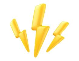 3d lightning. Yellow 3 thunderbolts with glossy reflection icon. Render of lightning hit, electric strikes, flash of thunderbolt. Isolated cartoon illustration vector