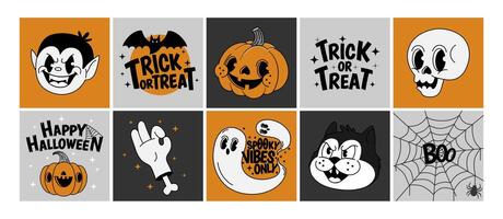 Halloween stickers. Retro Happy Halloween cards with funny creepy characters. Autumn festive elements with quotes, phrases. Groovy patches and labels. illustration vector