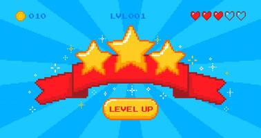 Pixel level up screen. Retro 8 bit games achievement. Level up badge for arcade win computer game. Banner with stars, ribbon, hearts and level progress. concept vector