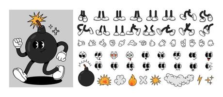 Character bomb. Cartoon retro bombs mascot with expression faces, legs and hands. Explosive decorative elements, smoke, spark, fire for game design. Constructor set vector