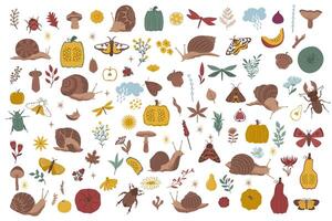 Huge set of autumn natural elements in flat realistic minimalistic style. Hello fall collection of cozy isolated objects. illustration vector