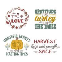 Autumn set of lettering slogans for fall season. Autumn phrases with cute and cozy design elements. Fall lettering collection in warm shades of green red and yellow isolated on white vector