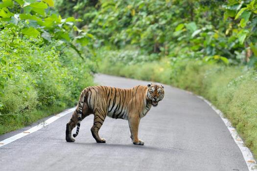 Royal Bengal Tigers Roam Freely Claiming Road photo