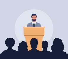 Confident man behind podium during stage speech. Speaker talking in front of the audience. Public speaking. Spokesman before crowd of people. illustration. vector