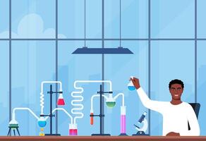 Scientist in chemistry laboratory working on research and exploration. Flasks, vials, test tubes with substance. Lab research, testing, studies in chemistry. illustration. vector