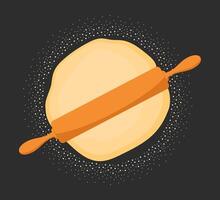 Wooden rolling pin on the dough. Rolling out the dough with a rolling pin on dark background. illustration. vector