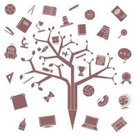 School icons fully colored in red. Tree of knowledge. School education. vector