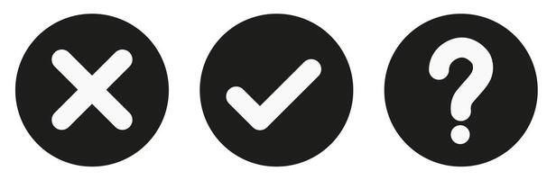 White flat checks and crosses and a question mark in a dark circle. vector