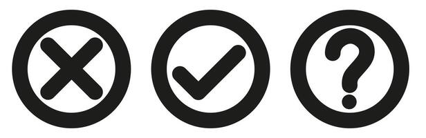 A set of dark flat checks and crosses and a question mark in a circle. vector