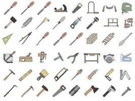 Collection of color icons of carpentry tools with stroke. Tool for carpentry workshop. vector