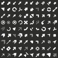White arrows on a dark background. Collection of arrows. Arrows for templates and backgrounds. vector
