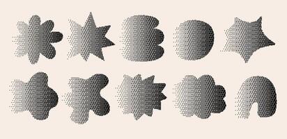 Set of gradient pixel abstract organic shape. Explosion stars and cloud in bitmap 8-bit Style. Futuristic retro design in y2k style. vector