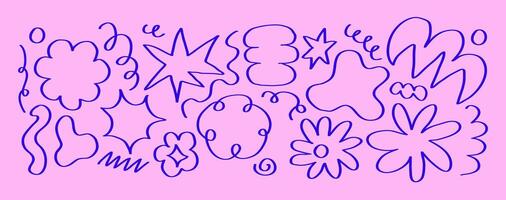 Set of playful outline organic shapes. Blue explosion stars and cloud with wavy loop line. Design elements. vector