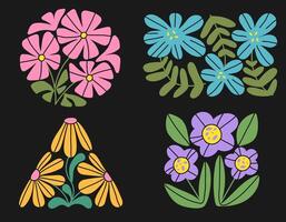 Set of abstract floral botanic geometric shape in trendy naive retro hippie 60s 70s style. Set of wavy flowers. vector