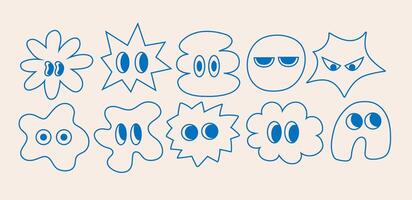 Set of abstract basic blue shape with big eye. Hand drawn trendy outline style. Collection character stickers. Faces with various comic emotions on isolated background vector