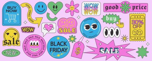 Set of trendy retro stickers with smile character faces. Discount labels. Stickers for products, new labels, sale badges. Design elements vector
