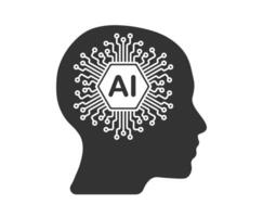 AI Head Generate icon, Machine learning micropchip symbol, ML icon, Artificial intelligence sign. Head illustration image. Isolated on white background. vector