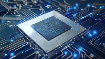 Close-up of a high-tech microprocessor on a circuit board, showcasing intricate designs and vibrant blue lighting. video