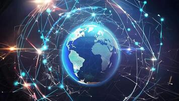 A digital representation of Earth surrounded by a network of interconnected nodes, symbolizing global communication and technology. video