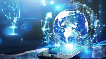 Futuristic global network illustration showcasing Earth with digital connections and data visualization elements. video