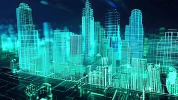 Futuristic city skyline rendered in a glowing holographic design, showcasing modern architecture and technology. video