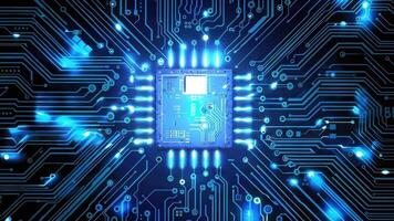 Close-up of a blue circuit board with an advanced microchip, showcasing intricate patterns and modern technology. video