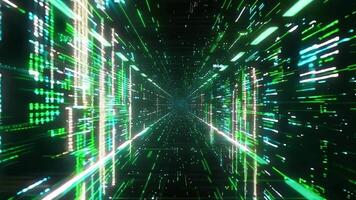 Abstract digital tunnel with bright green and white lines creating a futuristic illusion of speed and movement. video