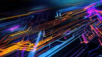 Vibrant circuit design featuring colorful neon lines on a dark background, symbolizing technology and connectivity. video